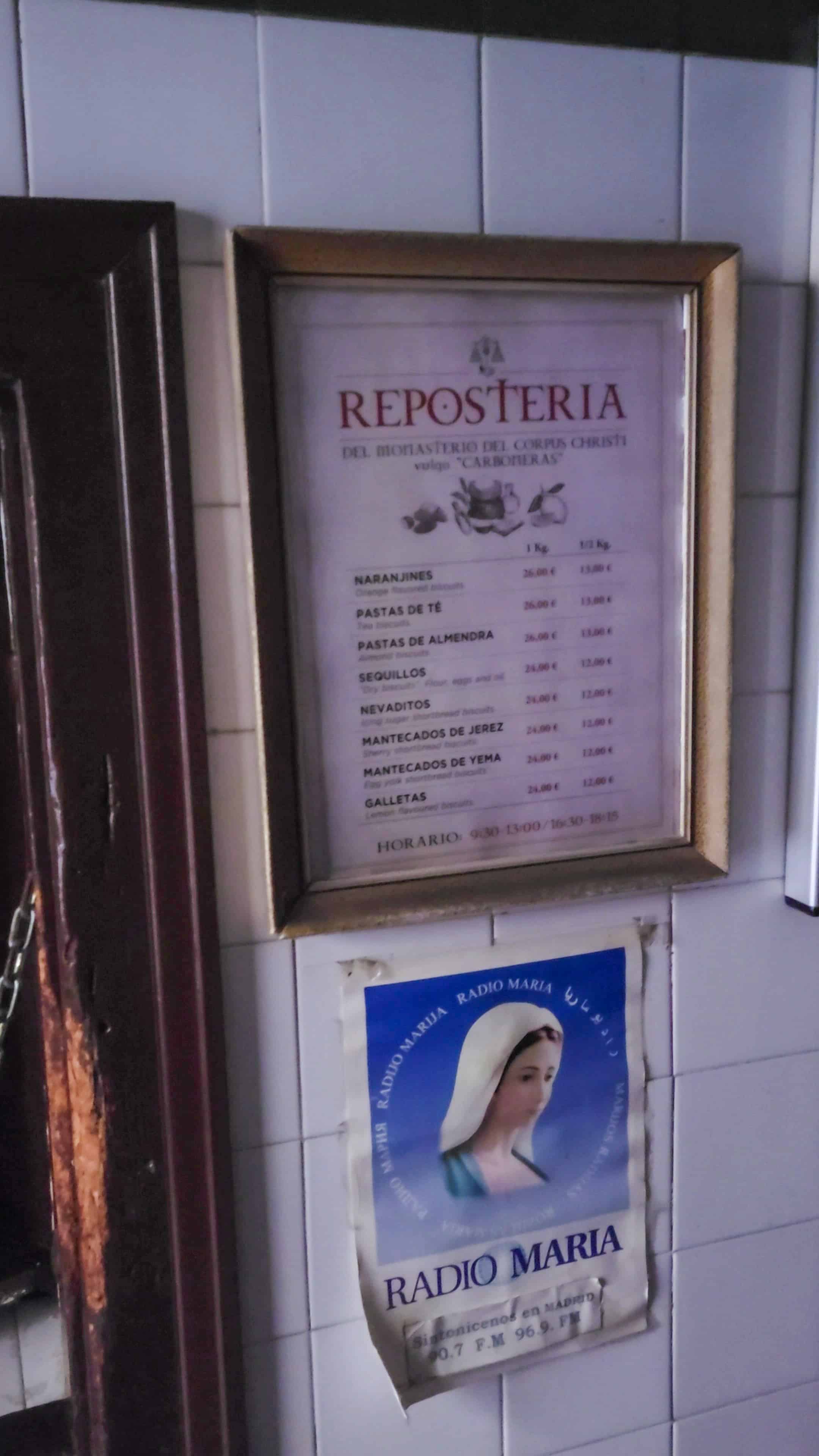 menu of cookies you can buy from nuns in madrid