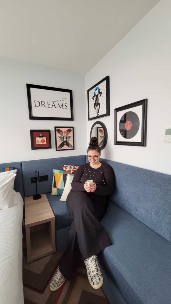 the author in a hotel room