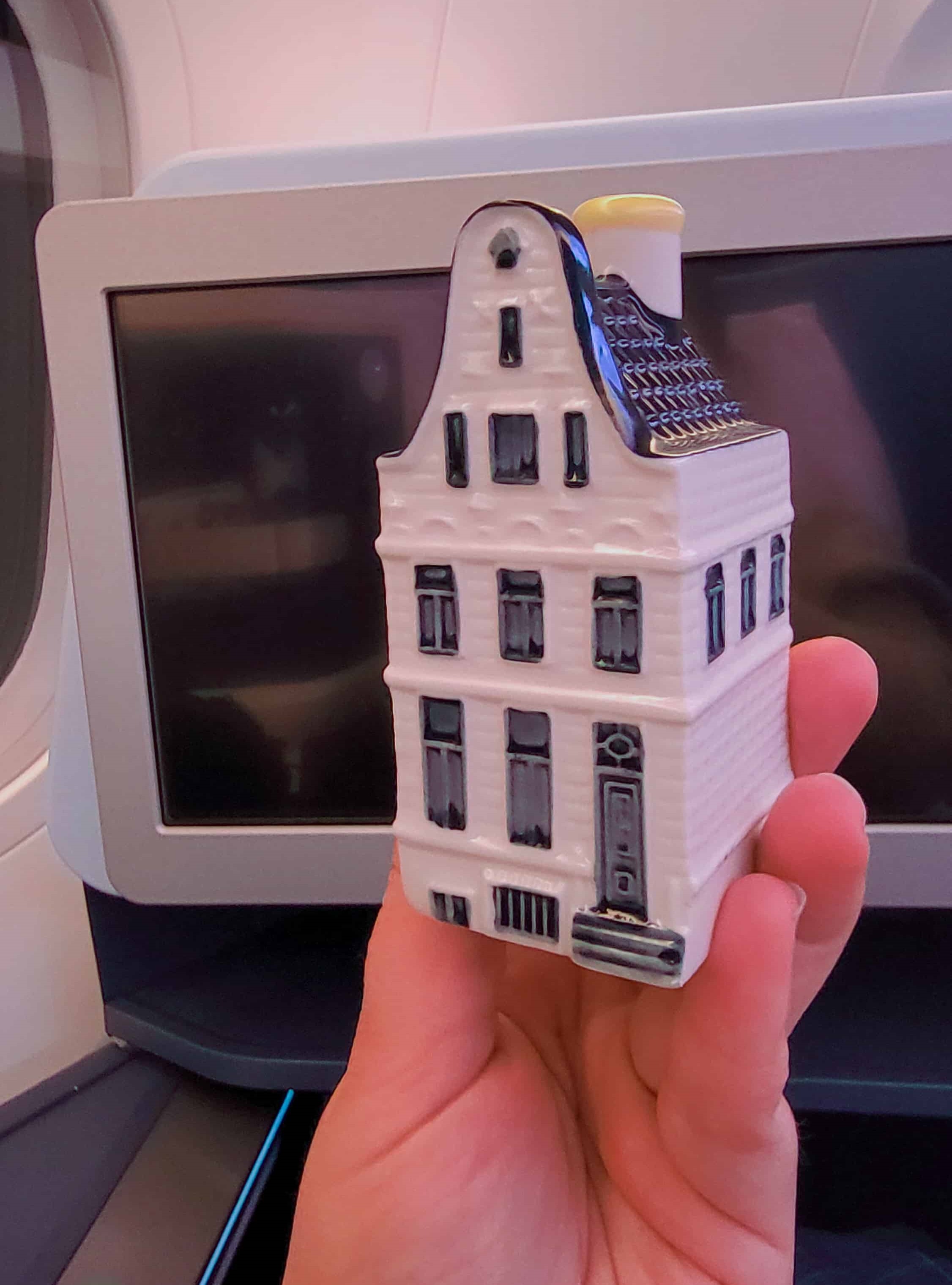 me on a KLM flight holding a delft house 