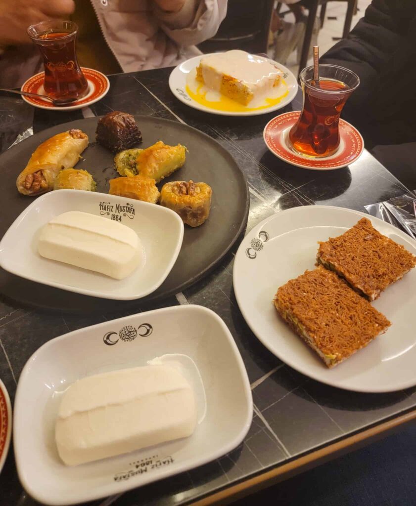 baklava, ice cream, and tea at hafiz mustafa in istanbul