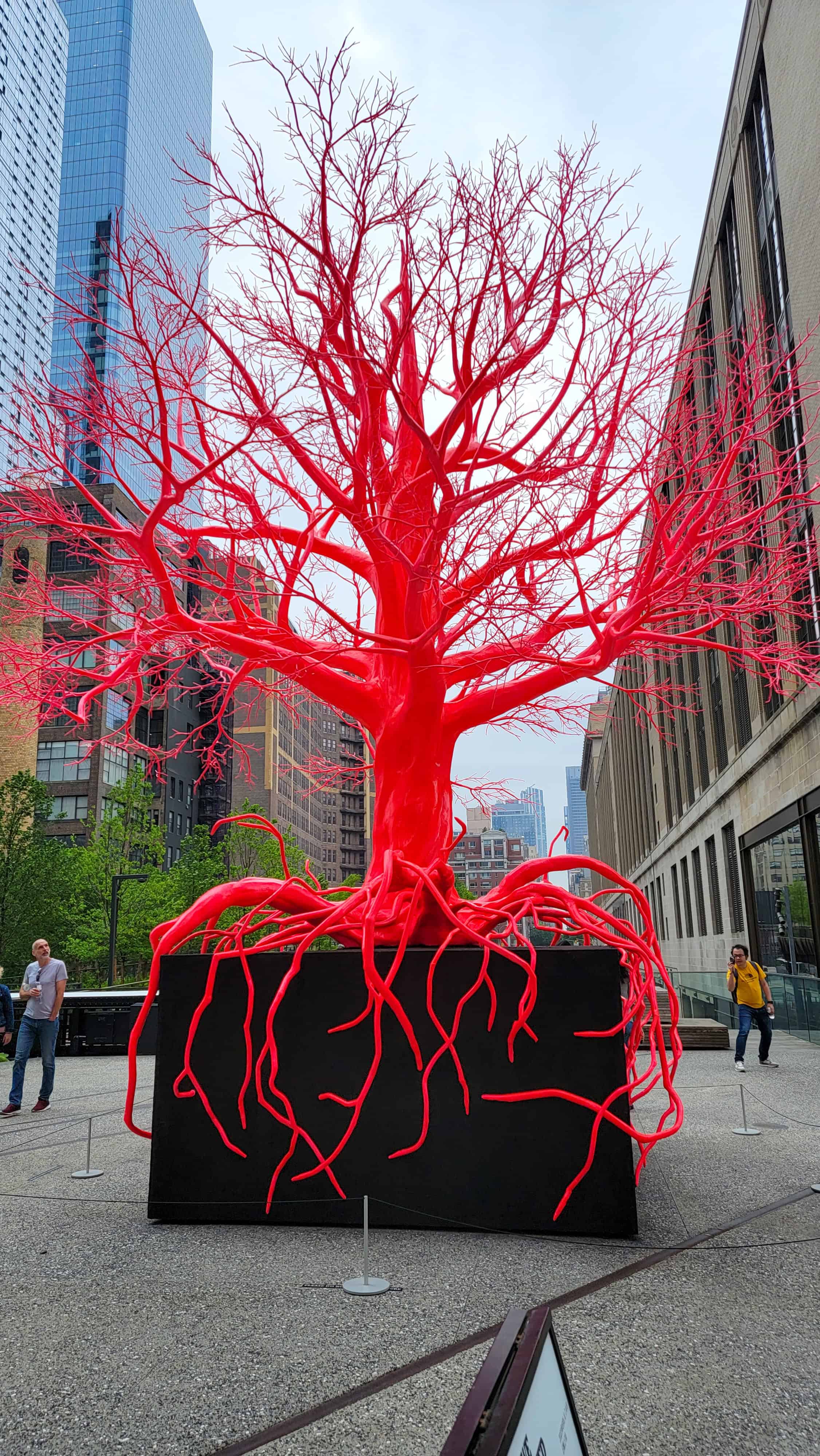 red tree at the entrance to the high line in nyc