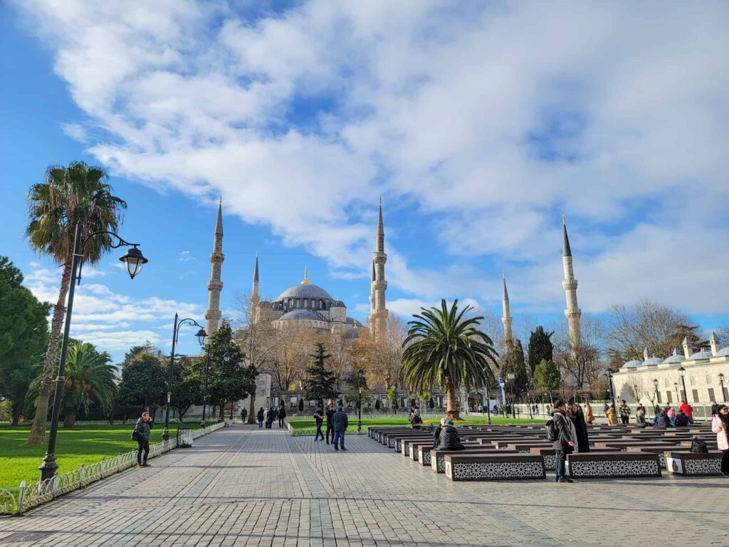 the blue mosque and palm trees in istanbul