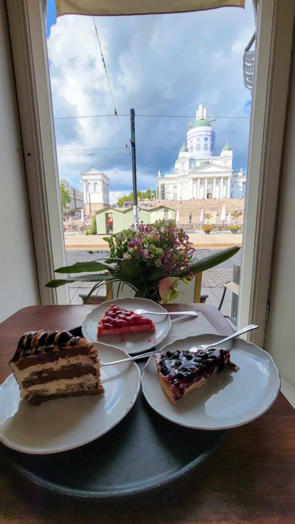 three slices of cake at cafe engel in helsinki