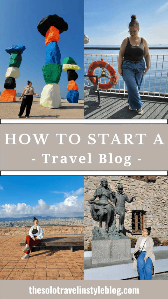 collage of 4 pictures and text in the middle saying how to start a travel blog