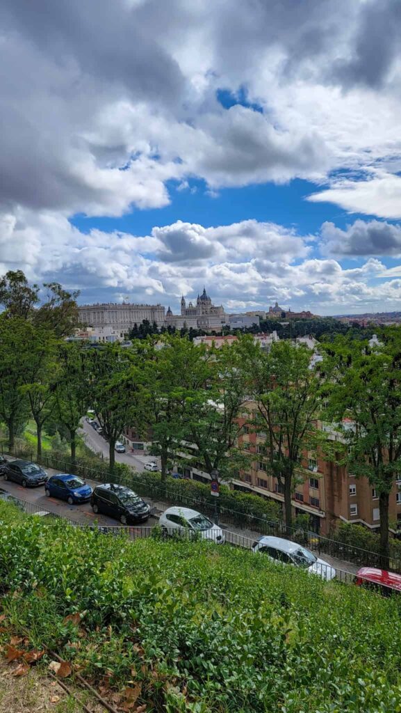 view from the park next to temple of debod in madrid