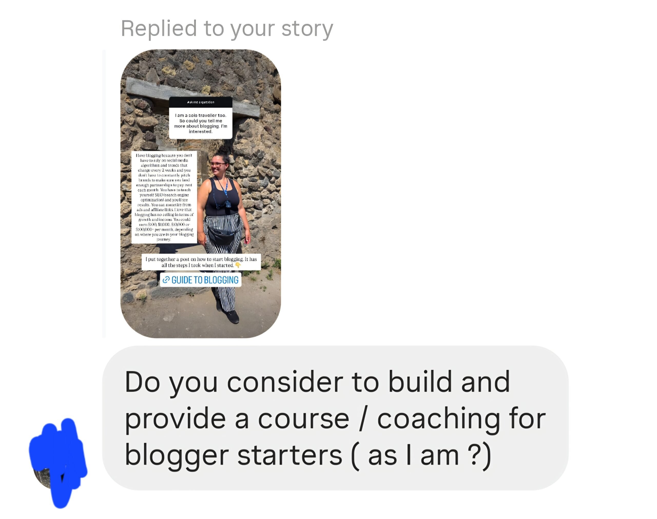 DM I got on Instagram asking me if I considered creating a course about how to build a profitable blog
