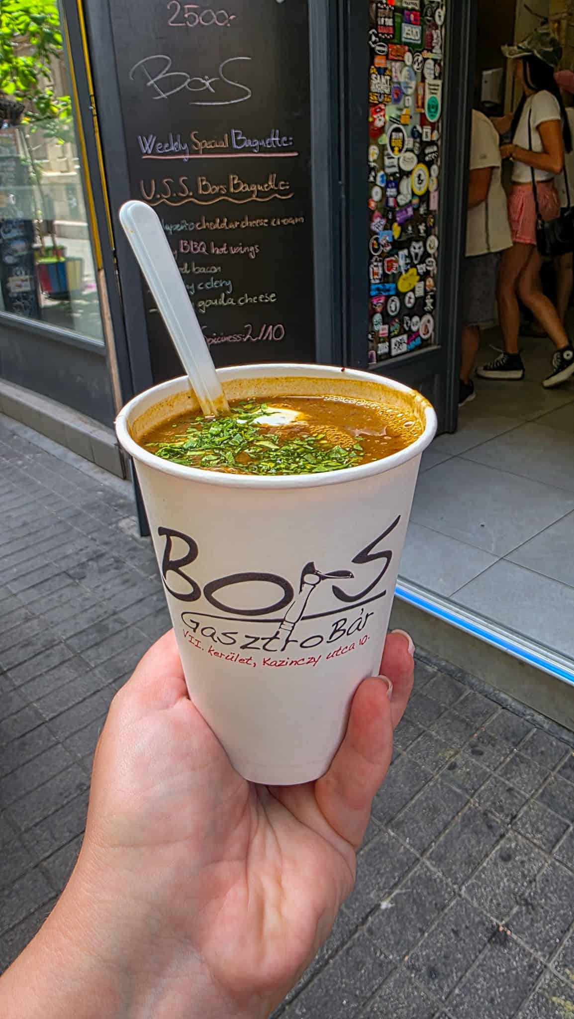 a cup of soup on a food tour in budapest