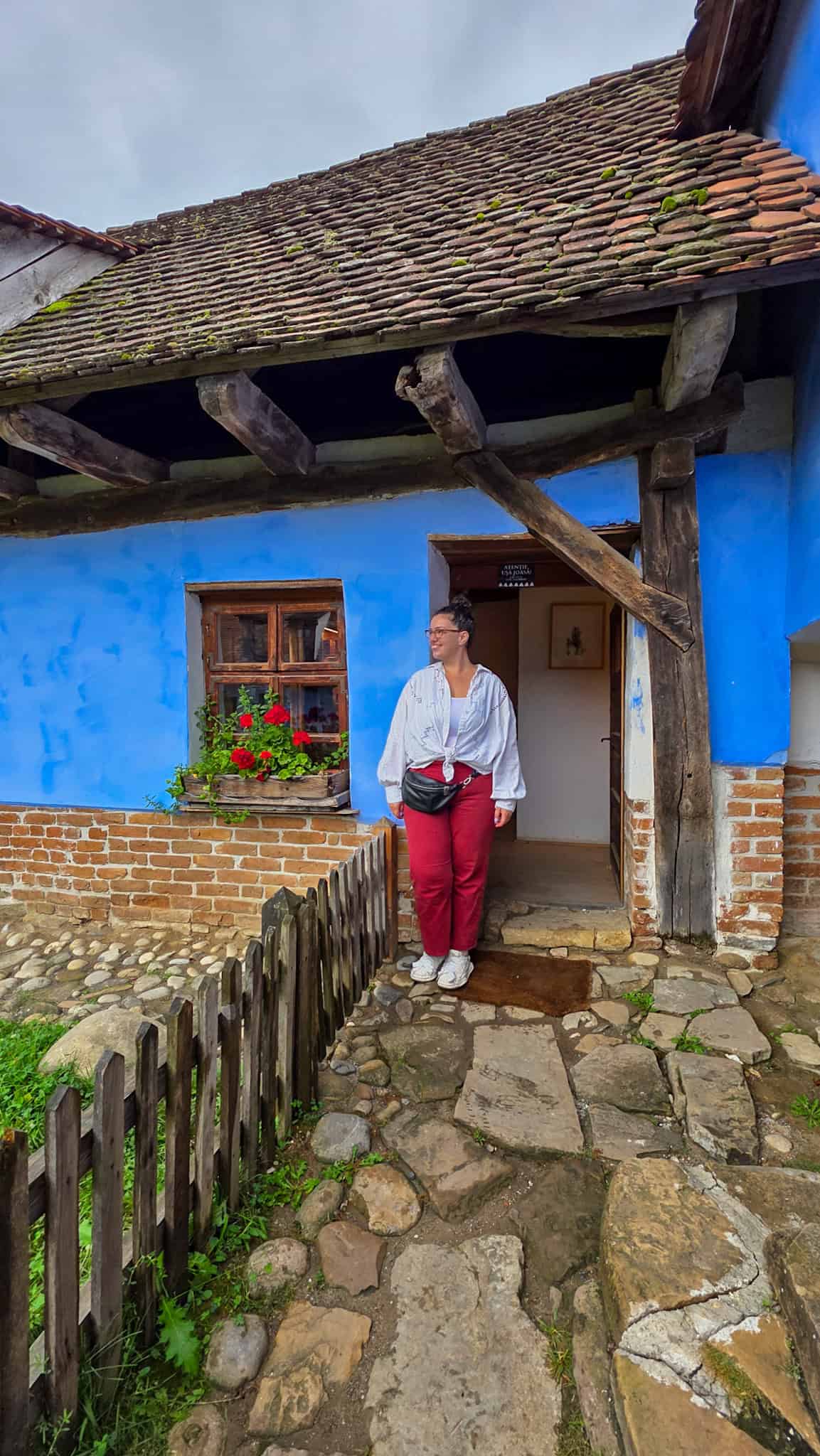 the author by the entrance to king charles' house in viscri