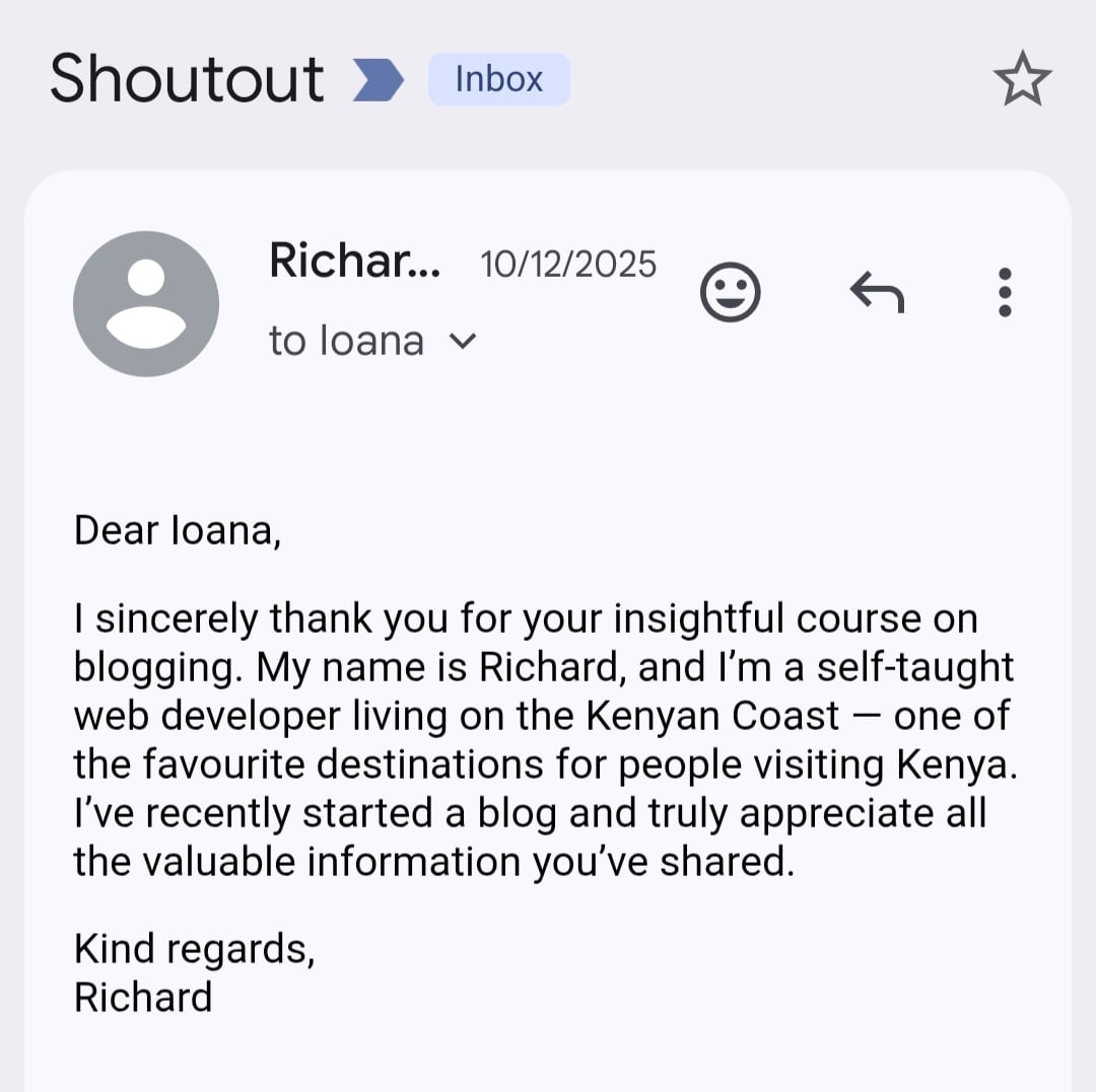 testimonial from one of my blogging students