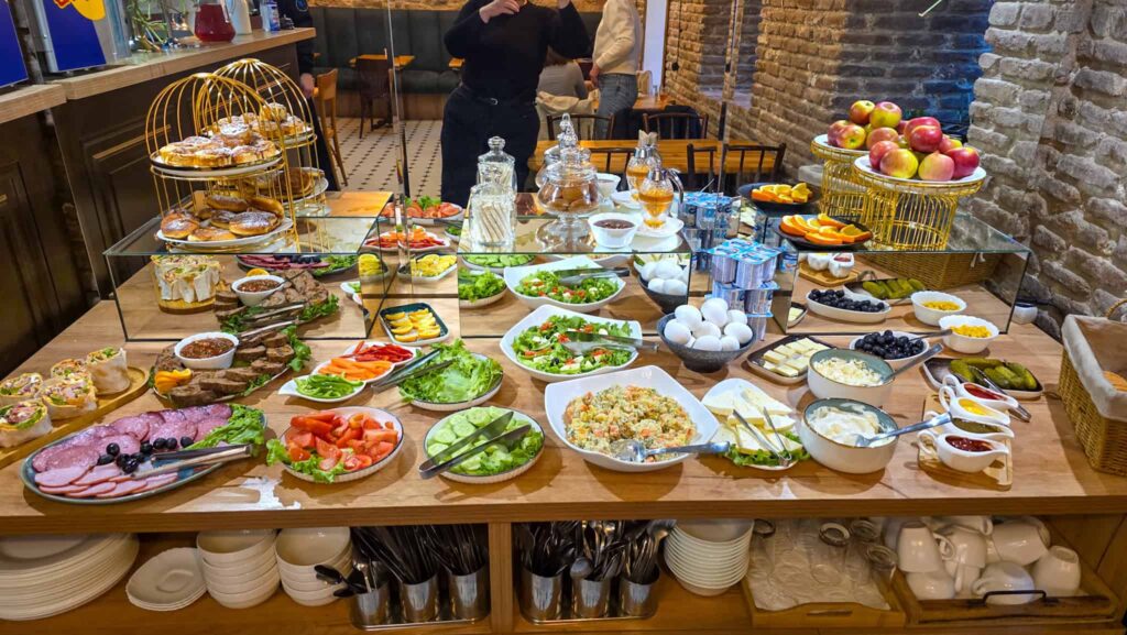 breakfast buffet at boutique hotel manufactura in tbilisi