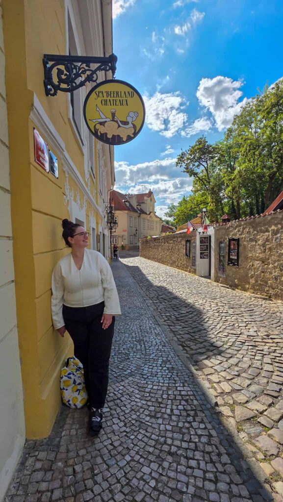 the author at the entrance of beerland beer spa in prague