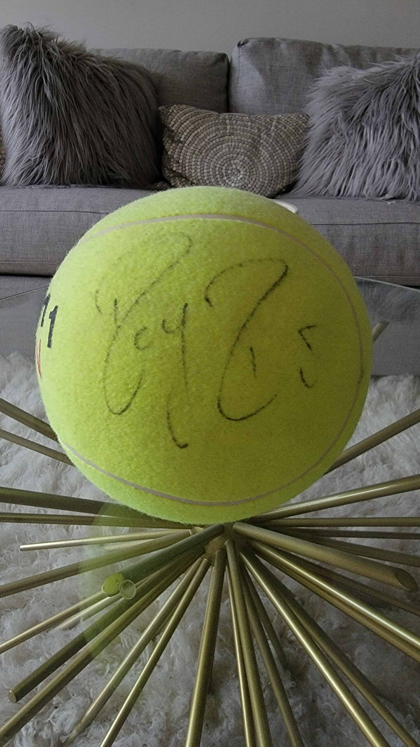 the author's large US Open tennis ball signed by Roger Federer