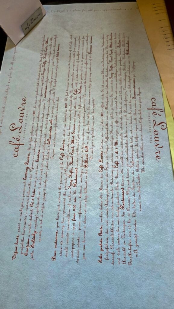 the menu at cafe louvre in prague