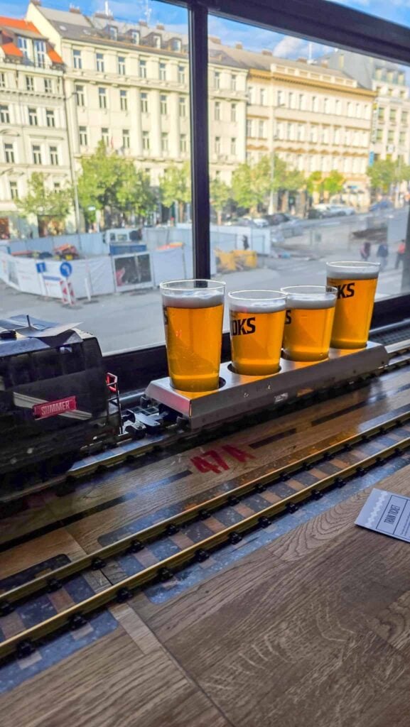beers on a train at Výtopna Railway Restaurant in prague
