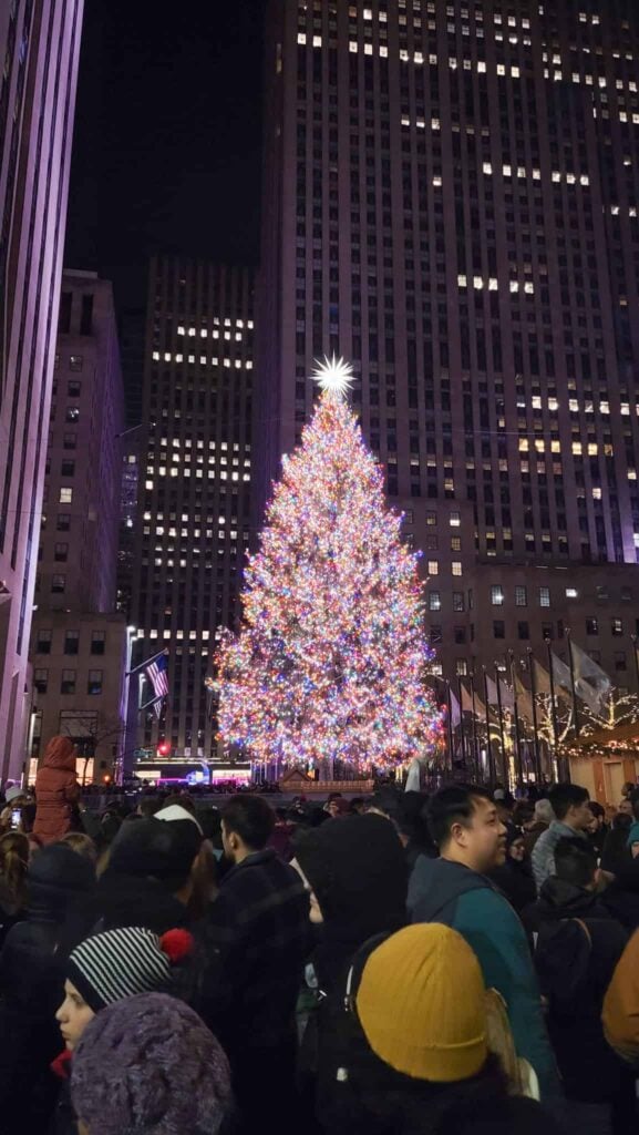 people and the rockefeller center christmas tree